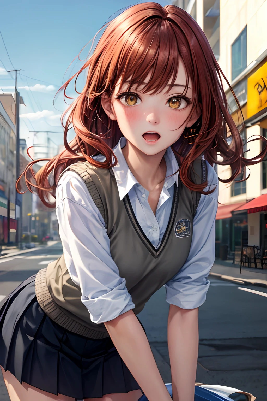 ((masterpiece, best quality, extreme detailed, highly detailed:1.4)), (official art:1.2), nice hands, perfect hands, 1girl, orange hair, blush, first button empty shirts, small breasts, yellow eyes, clothes pull, cowboy shot, pleated skirt, leaning forward, long hair, looking at viewer, miniskirt, nose blush, open mouth, standing, gray sweater vest, outdoors, nostalgic view, hair blowing in the wind