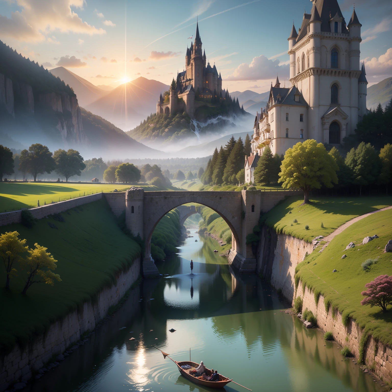 Title: "Whispers of the Enchanted Realm"
Prompt:
In the forgotten realms of a medieval world, where time dances with nostalgia, lies a breathtakingly beautiful landscape that captivates the hearts of all who venture into its depths. Towering emerald forests adorned with ancient, wise oaks stretch as far as the eye can see, their canopies interwoven with sunlight that dances through the leaves like ethereal fairies.
Crystal-clear rivers meander through the verdant valleys, their glistening waters carrying songs of forgotten lore. Bridges crafted from stone arch gracefully over the babbling streams, connecting quaint villages nestled amongst fields of wildflowers. The air is filled with the fragrance of blooming roses, lavender, and the sweet scent of freshly baked bread wafting from cozy cottages.
Majestic castles, standing proud atop lush hills, bear witness to centuries of tales untold. Their fortified walls weathered by time, yet still radiating a sense of grandeur and mystery. Within their hallowed halls, tapestries depict the heroic deeds of knights and the enchanting stories of mythical creatures that once roamed these lands.
The sky above this enchanting realm is a canvas of ever-changing hues. At dawn, the sun's golden rays pierce through a symphony of soft pastels, painting the horizon in shades of rose, amber, and lavender. As dusk descends, the sky transforms into a tapestry of deep indigo, studded with a myriad of twinkling stars that seem to whisper secrets and dreams to those who gaze upon them.
The people who inhabit this magical world are bound by honor, chivalry, and a deep connection to nature. Knights adorned in gleaming armor ride gallantly across meadows, their noble steeds carrying them on quests for justice and truth. Skilled artisans weave intricate tapestries, craft delicate pottery, and fashion exquisite jewelry, their creations reflecting the beauty of their surroundings.
Legends and folklore intertwine with everyday life, as tales of