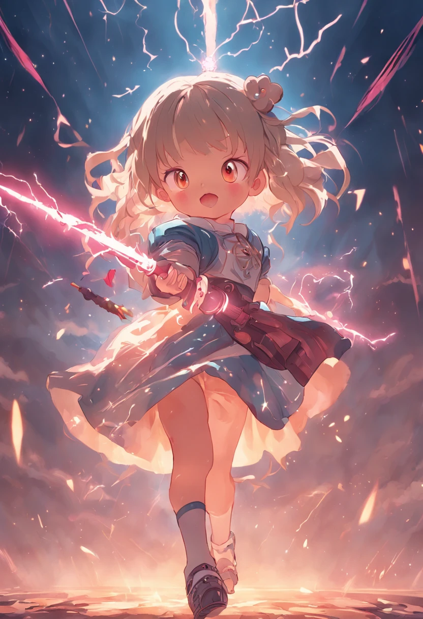 The sword shines，Colorful，Lightning，Lolita style clothing，Cartoony，Chubby little girl，Holding a bear cub doll，Clumsy jumps，Cute and cute，KIDS ILLUSTRATION，Glow effects，Dingdall effect，depth of fields，high light，Real light，Ray traching，oc rendered，Hyper-realistic，best qualtiy，8K，Works of masters，super-fine，Detailed pubic hair，Correct ???????，sharp focus on eyes，Bokeh，Facial features are carefully depicted