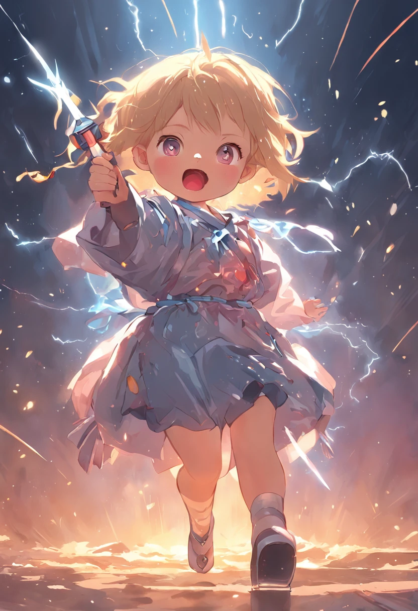 The sword shines,Colorful,Lightning,Lolita style clothing,Cartoony,Chubby little girl,Holding a bear cub doll,Clumsy jumps,Cute and cute,KIDS ILLUSTRATION,Glow effects,Dingdall effect,depth of fields,high light,Real light,Ray traching,oc rendered,Hyper-realistic,best qualtiy,8K,Works of masters,super-fine,Detailed pubic hair,Correct anatomy,sharp focus on eyes,Bokeh,Facial features are carefully depicted