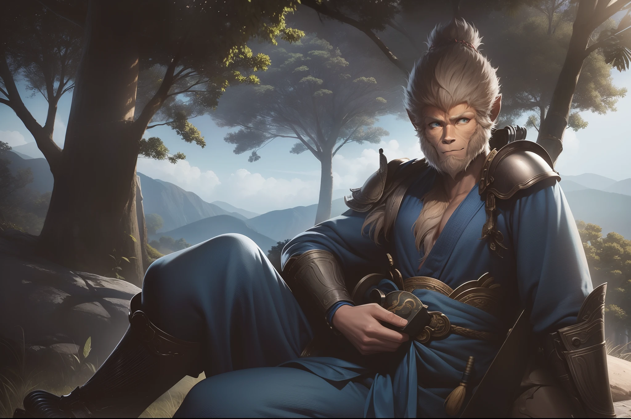 Wukong, wearing light armour, blue fabric, sitting and resting under a tree. Light filtering through the trees.