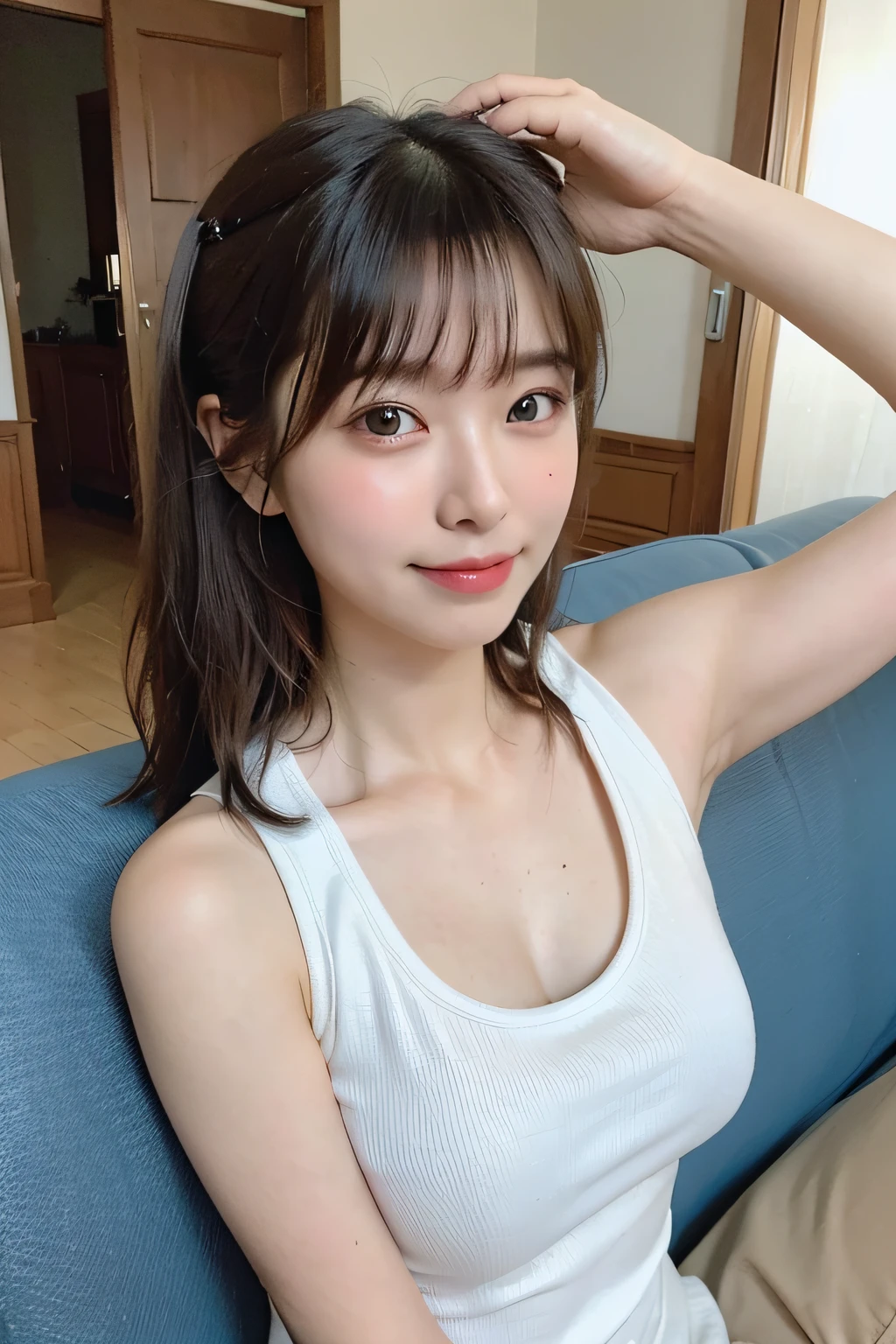 A woman doing yoga on a couch、One word horse split (kitchin_.Wear 3)、nice hand、4K、A high resolution、tmasterpiece、top-quality、wear cap:1.3、((hasselblad photograph))、Fine skin、foco nítido、(lighting like a movie)、Soft lighting、dynamic ungle、[:(详细的脸:1.2):0.2]、Medium chest、sweat pouring down the skin:1.2、(((on a sofa))) Cute smile　Viewer's perspective　Colossal tits　tying  hair　Yoga word horse sleeveless　Stretch your upper arms　Shoulders outstretched　cleanness　Large living room with sofa　Beautiful sofa　Wine glasses　Expose your ears