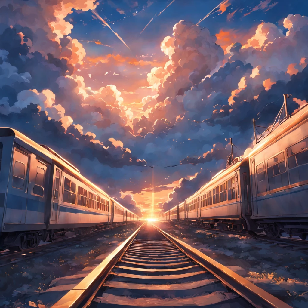 tmasterpiece,best qualtiy,cinematic Film still from,trains,clouds,Floating in the sky,Faraway view,brightly,cheerfulness,Warm and soft lighting,the sunset,(spark of light:0.7)