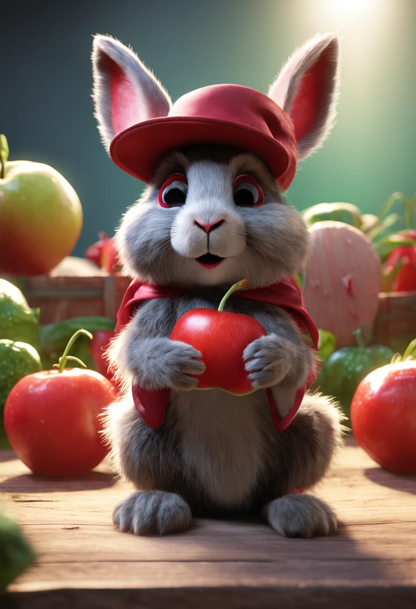 bunny, realistic, furry animal, apple, black eye, blush, cherry, food, fruit, full body, hat, inhuman, strawberry, tomato, watermelon