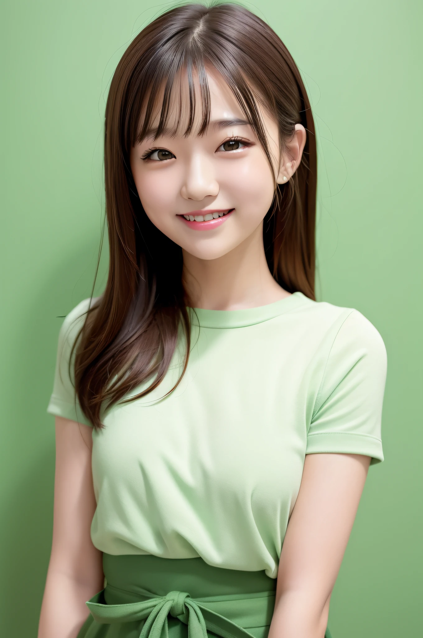 1girl, cute, casting, grin, looking at viewer, photo, realistic, soft green color background, masterpiece, best quality, super detail
