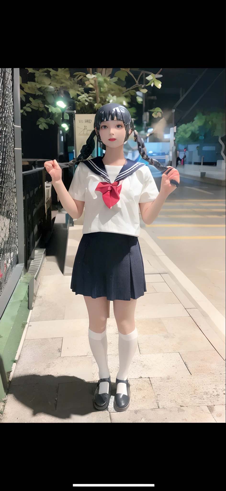 ((Looking backwards at the camera))、（Highest image quality、highest quality、highest resolution、masterpiece、detailed、real photos）、Beautiful and cute、 high school girl、((ponytail))、((Laughter))、((full body shot))、((Low - Angle))、(Quite small)、(Quite lean body)、(A navy blue sailor uniform for a girls&#39; school.)、floral bra and panties、((Lift your skirt and show your panties:1.3))、(black loafers)、(I&#39;m standing in front of an old and dilapidated public toilet.)、((Hibiscus, roses, etc.々It is decorated with many flowers.:1.3))