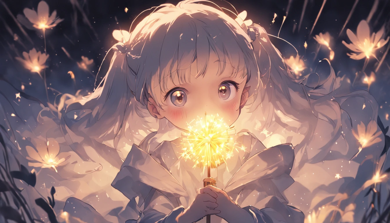 the night,Lolita style clothing,Cartoony,Chubby little girl,Holding a glowing dandelion,,Cute and cute,KIDS ILLUSTRATION,Glow effects,Dingdall effect,depth of fields,high light,Real light,Ray traching,oc rendered,Hyper-realistic,best qualtiy,8K,Works of masters,super-fine,Detailed pubic hair,Correct anatomy,sharp focus on eyes,Bokeh,Facial features are carefully depicted