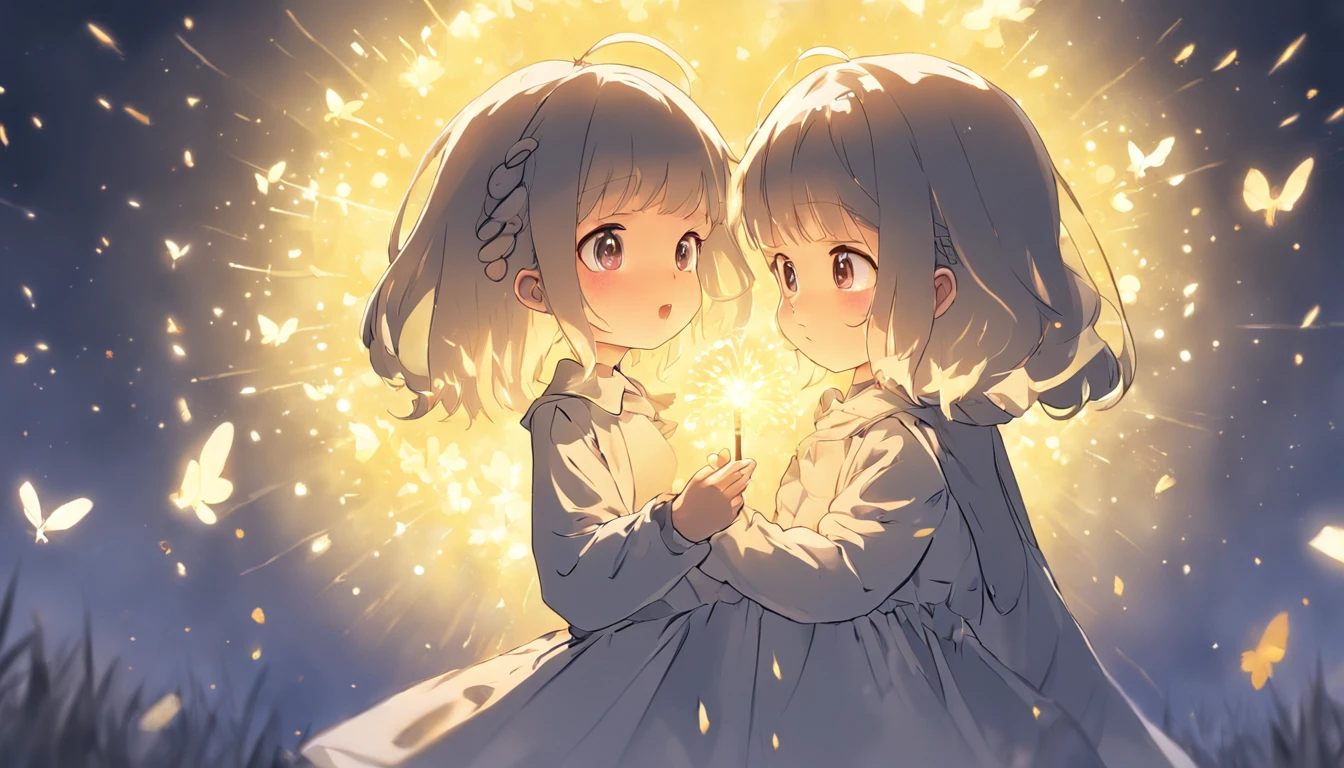 the night，Lolita style clothing，Cartoony，Chubby little girl，Holding a glowing dandelion，，Cute and cute，KIDS ILLUSTRATION，Glow effects，Dingdall effect，depth of fields，high light，Real light，Ray traching，oc rendered，Hyper-realistic，best qualtiy，8K，Works of masters，super-fine，Detailed pubic hair，Correct anatomy，sharp focus on eyes，Bokeh，Facial features are carefully depicted