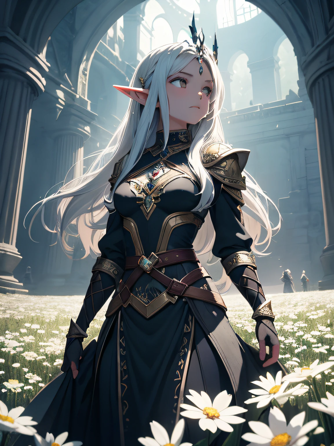 Create a visually stunning masterpiece that features an elf adventurer standing atop a cliff overlooking a sprawling field of white flowers. Utilize a dutch angle to inject a sense of dynamic energy into the composition. Experiment with volumetric lighting and soft sunbeams to create a mystical atmosphere, with rim lighting adding a touch of sparkle and glittering elements. Incorporate the theme of dark magic by depicting cursed artifacts hidden within the flowers and skeletal remains scattered in the landscape. Showcase the elf adventurer’s necromantic powers by reanimating undead minions that surround her. Use ultra-detailed digital painting techniques to convey the subtle textures and details of the scene, while incorporating iron bead art-inspired designs into the background, adding a touch of nostalgic childhood charm