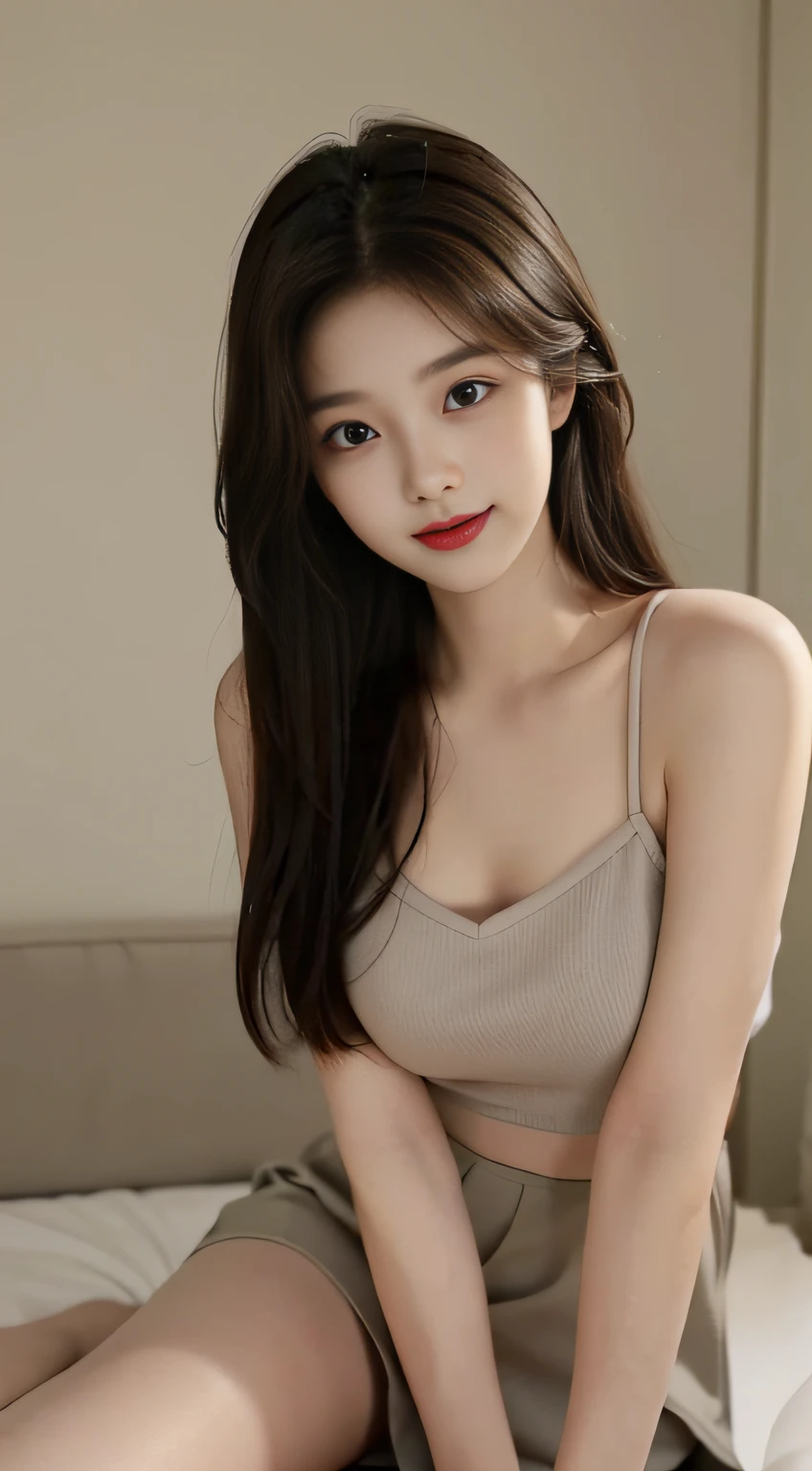 masterpiece, top-quality, 1 beautiful girl, (Detailed beautiful eyes), ((Detailed skin)) , ((Detailed medium hair )), A beautiful 170cm, in colorful clothings hiphop style, crop top, tank top and ripped kaki, at the living room white, RAW photos, CG rendering, Blurred background, deep shadow, 16K, bokered, Very detailed, wallpaper, depth of field, movie light, Ray tracing,