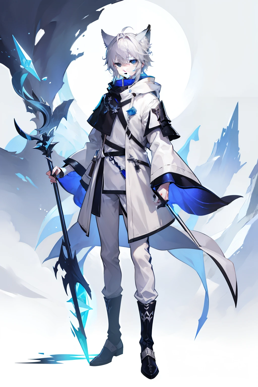 in character sheet portrait style, dungeons and dragons character, imagine a young snowy fox boy with a staff with light gray hair, light grey hair, poor clothing, young male, poor with ragged clothing, arknights style, short hair, tired and hiding, snow based powers, light gray hair with azure colored eyes, dark stitched coat, kemonomimi, portrait, full body illustration, poor person, hobo, staff with blue crystal