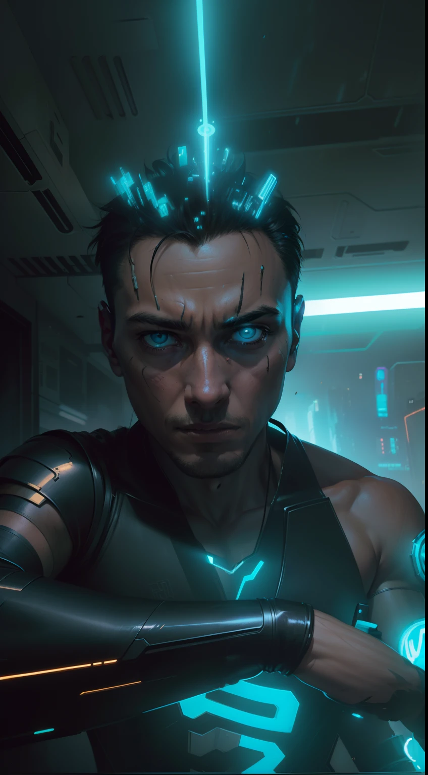 (best quality:1.3), (best performance:1.2), (best illustration:1.2), (Comic style:1.2), (artistic cinematic lighting:1.2) (1man) wearing futuristic technological Cyberpunk electronic robes, his body is covered by metallic parts, in a cinematic horror movie background in a futuristic Cyberpunk city. Hensom boy