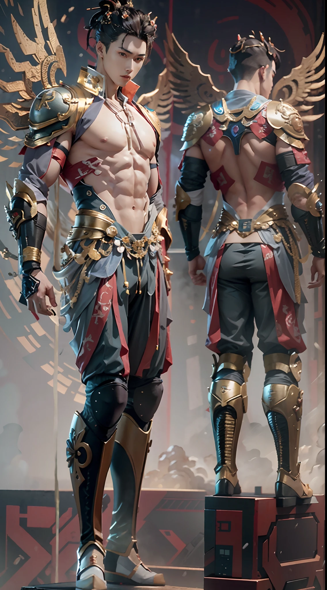 Sculpture design,Figures,GK model,(The whole body of the character),Expose muscles,(sexy for),(Exquisite base),The color of the clothes is gold,blue and violet,Transparent texture,Wu Yifan,Handsome cybernetic boy looking at camera lingerie detailed muscular reality masterpiece,musculous