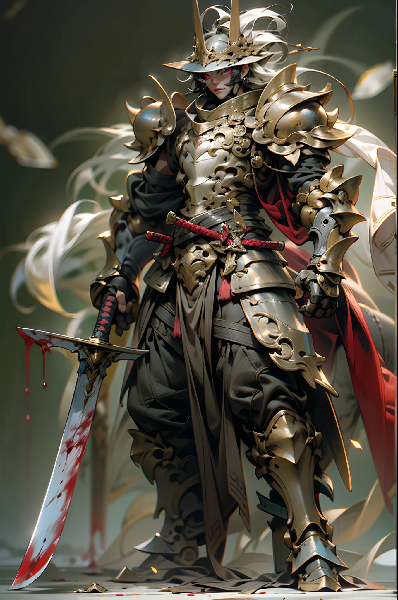 A reloaded swordsman，Ultra-thick armor wraps the whole body，A giant sword with both hands on the ground，The golden spinning sword qi overflowed，，Blood，depth of fields，dynamic blur，high light，Real light，Ray traching，oc rendered，Hyper-realistic，best qualtiy，8K，Works of masters，super-fine，Detailed pubic hair，Correct anatomy，sharp focus on eyes，Bokeh，Facial features are carefully depicted