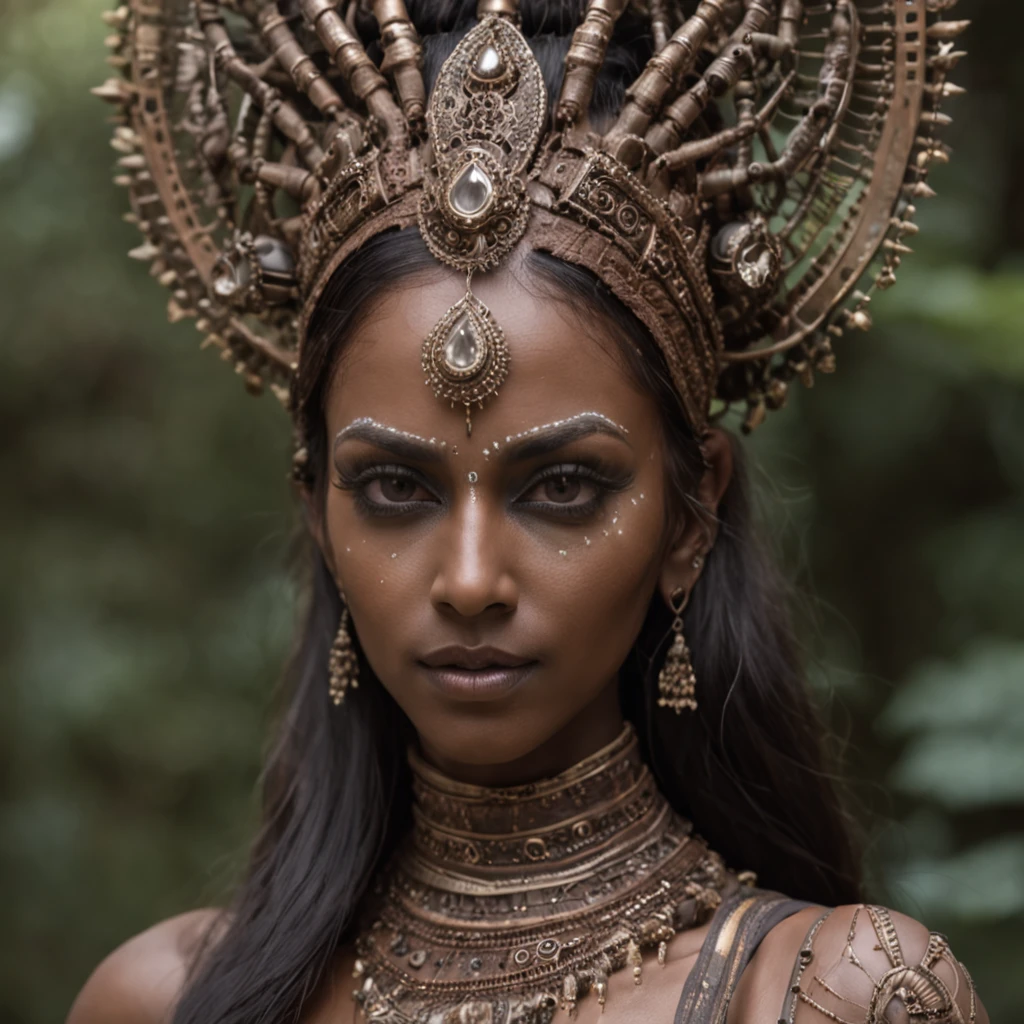Best quality, Masterpiece, 超高分辨率, (photograph realistic:1.4),brown skinned Indian cybernetic humanoid goddess ,surrealism, Dream-like, fusionart, Indian goddess  mystical humanoids, dark ethereal magic, humanoid dream control, cybernetic stealth, shadow step, dark machine spells, crystal razor blade