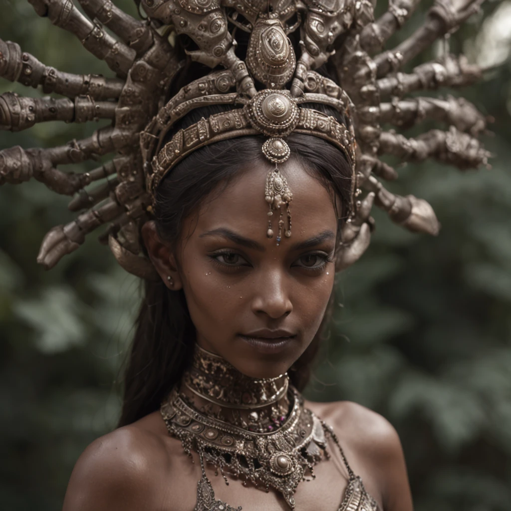 Generate an image of a powerful female figure standing 1.8 meters tall, with a muscular yet elegant physique that emphasizes her human-like proportions. Her skin is a smooth, metallic gray, giving her an ethereal, almost statuesque appearance. Her eyes glow with a vibrant orange hue, adding intensity to her gaze. Her pointed ears and strong jawline complement the tribal horns crafted from her own hair, molded with a dark resin that intricately wraps and shapes them as they rise from her head. The scene should capture her full body, accentuating her defined muscles and unique features, making her the focal point.