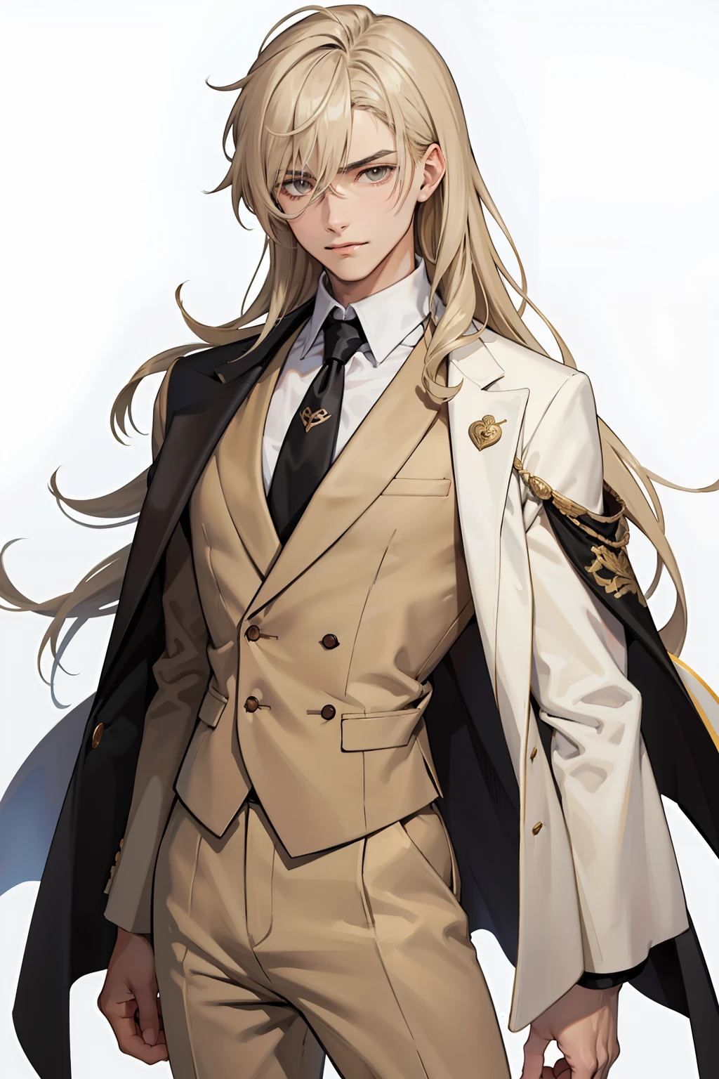 Gender neutral, anime style, (from front), cowboy shot, Portrait of a man in his 20s, Man's, 28 years old, Standing, Hands down, ((Beige three-piece suit)), ((hair between eye)), Long side hair, long bangs, ((Looking at the viewer)), hair messy, shoulder length hair, Beige hair, pale skin, dark brown eyes, mysterious, soft smile, mild smile, Game Graphics, White background