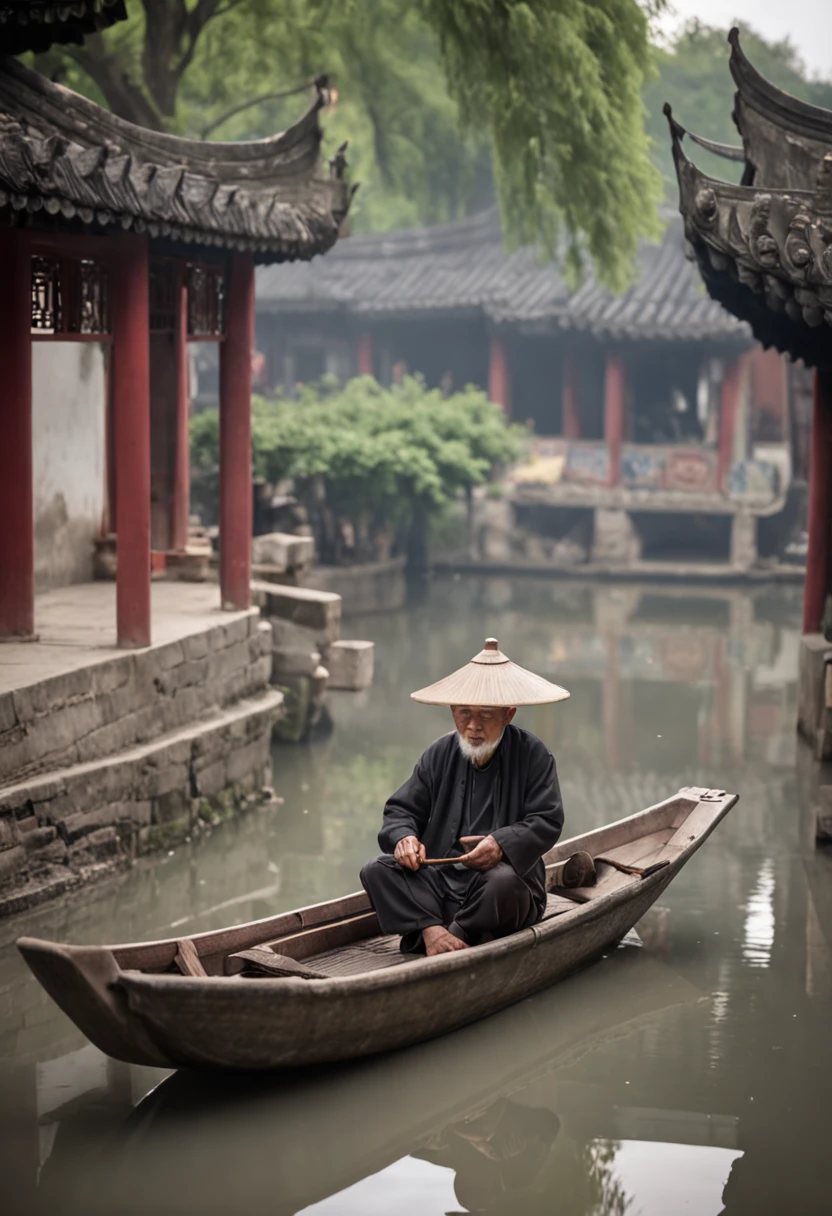 Jiangnan Water Town,solitary boat,old man,willowy,Drizzle,lotus flower,the street,horses,Traders,bazaars