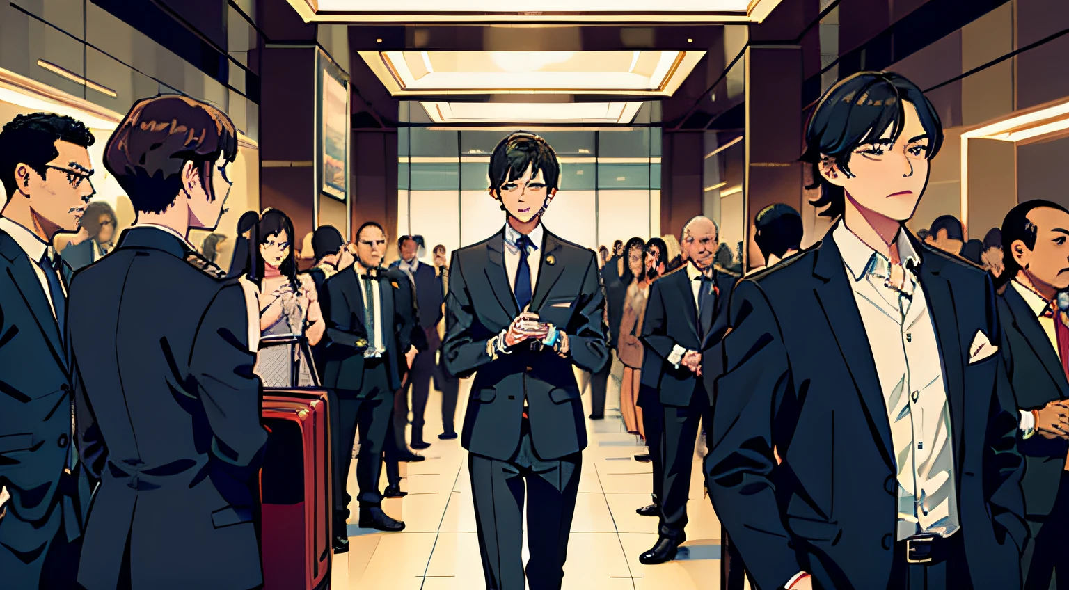 Several celebrities lined up with luggage, People who watch over their surroundings々, Busy with people, Furious person々, Exposed persons, peopel watching, Attractive, a person々Group of, Confident appearance, Man In The Elevator々Group of, High focus, Professional business environment, a person々panicking, very intense, motivating, serious business, Wearing a watch, Firm, busy, Professional，futuro style, Disney style
