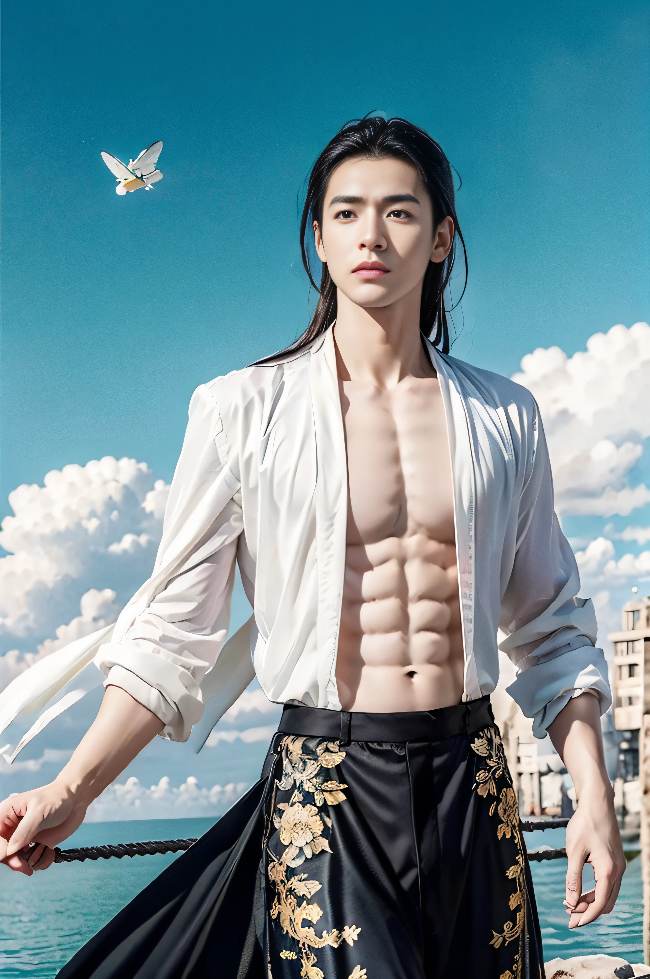 Masterpiece,Best quality,A high resolution,Gufeng Boy,Upper body,Abs, chest muscle,Open the tulle coat,Flying fish skirt