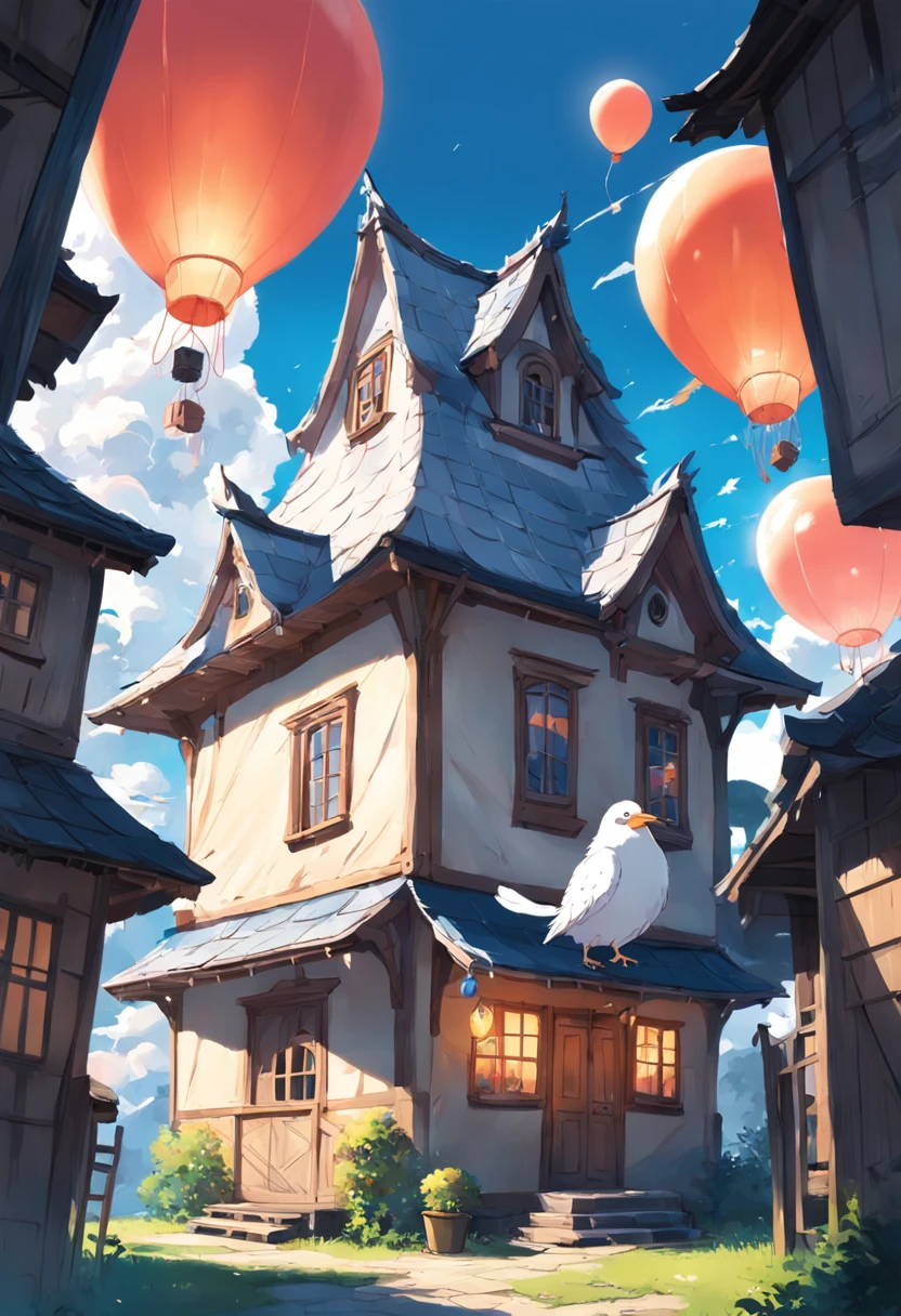 The big white bird carries a small house and flies in the air,The small house is covered with balloons,At the window of the small house, a child leans out and looks out,Howl's moving castle style,extremely colorful,Bright shades