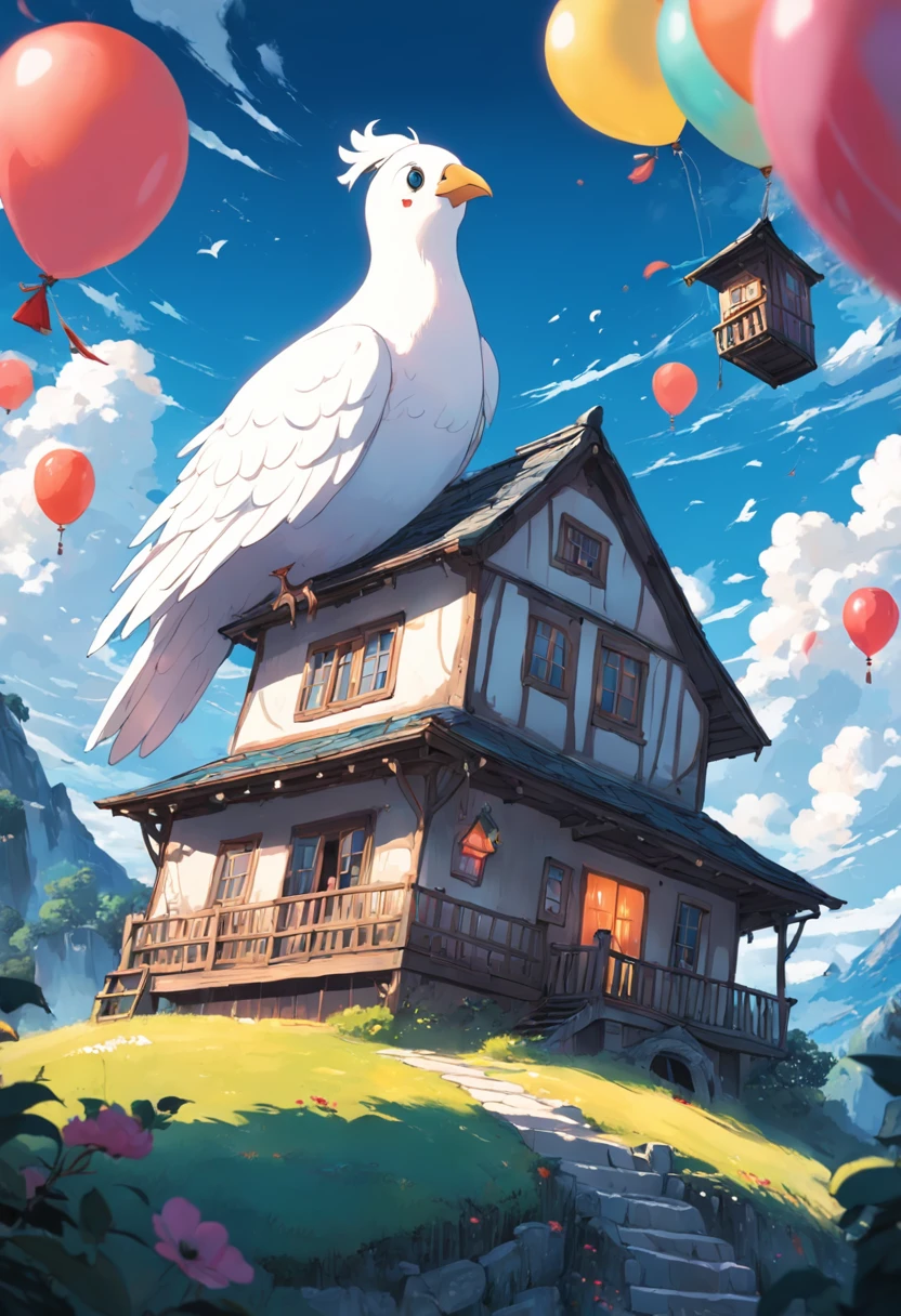 The big white bird carries a small house and flies in the air，The small house is covered with balloons，At the window of the small house, a child leans out and looks out，Howl's moving castle style，extremely colorful，Bright shades