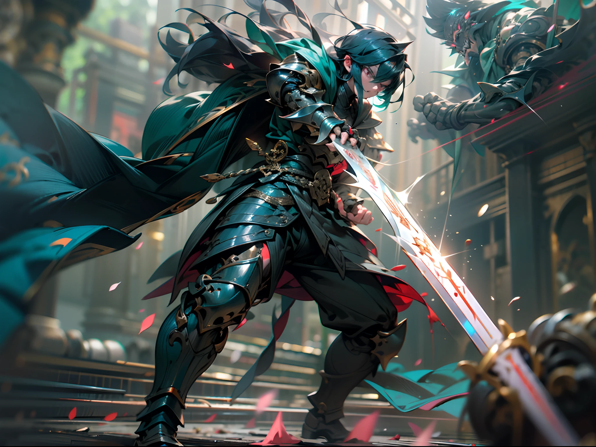 A reloaded swordsman，Ultra-thick armor wraps the whole body，A giant sword with both hands on the ground，The blue spinning sword qi overflowed，，Blood，depth of fields，dynamic blur，high light，Real light，Ray traching，oc rendered，Hyper-realistic，best qualtiy，8K，Works of masters，super-fine，Detailed pubic hair，Correct anatomy，sharp focus on eyes，Bokeh，Facial features are carefully depicted