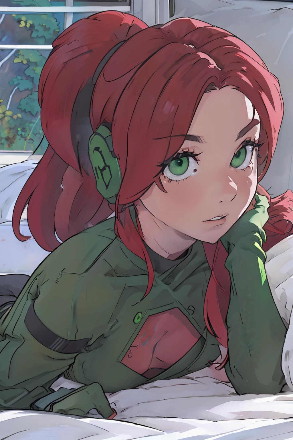 master piece, detailed, 4k, beautiful red head girl with a pony tail and green eyes, wearing a green crop top and black skit and black tights, laying in bed, in a cyberpunk, sci-fi bedroom listening to music with earphones