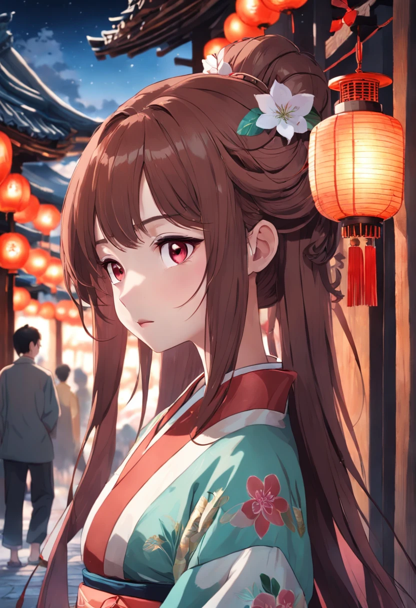 Masterpiece, Best quality, natta, full moon, Gorgeous clothes，Shy，good eyes，beautidful eyes，Red hair accessories，Tanabata，Tanabata Festival，Festive atmosphere，festivity，lamplight，the street，Ancient streets，Quaint，1 girl, Chinese style, Ancient China, sister, Imperial sister,, Brown hair, Princess cut, Single strips of fried dough twisted braid, Coiled hair, Light pink lips, calm, Intellectual, mid hair, green pupills, Hairpin, hydrangea,