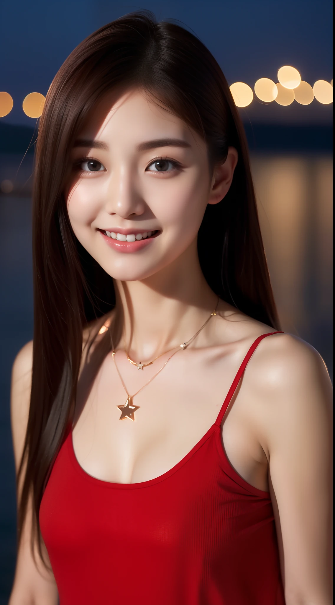 realistic photos of (1 cute Korean star) straight hair, white skin, thin makeup, 32 inch breasts size, slightly smile, wearing red camisole tank top, necklace, standing at lake side, night, close-up, satellite image, UHD