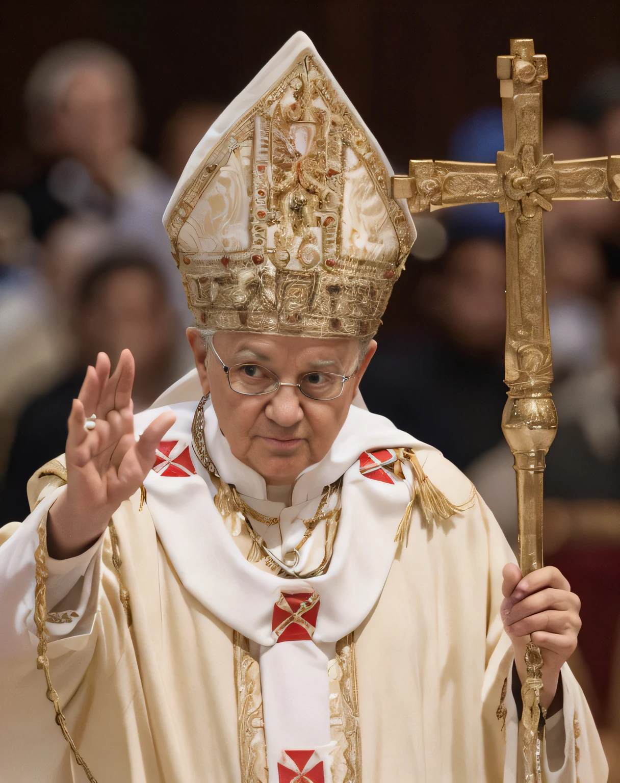 um close up de um sacerdote segurando uma cruz e uma cruz, Culto ao Papa, papa, O Papa, Retrato do Santo Padre, the pope wakes up is his bed, The Pope is in his bed, dragon pope, Papa se rende, robot pope, The Catholic pope in his bed, pontifex, john paul ii, Catholic, inspirado em Ed Benedict