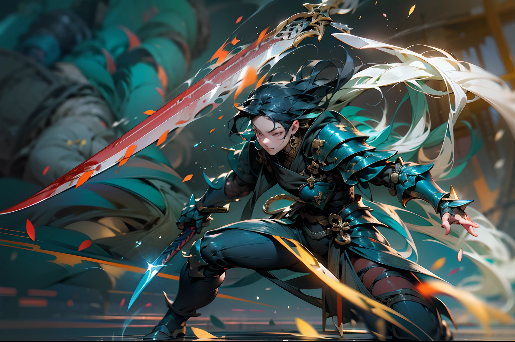 A reloaded swordsman,Ultra-thick armor wraps the whole body,A giant sword with both hands on the ground,The blue spinning sword qi overflowed,,Blood,depth of fields,dynamic blur,high light,Real light,Ray traching,oc rendered,Hyper-realistic,best qualtiy,8K,Works of masters,super-fine,Detailed pubic hair,Correct anatomy,sharp focus on eyes,Bokeh,Facial features are carefully depicted