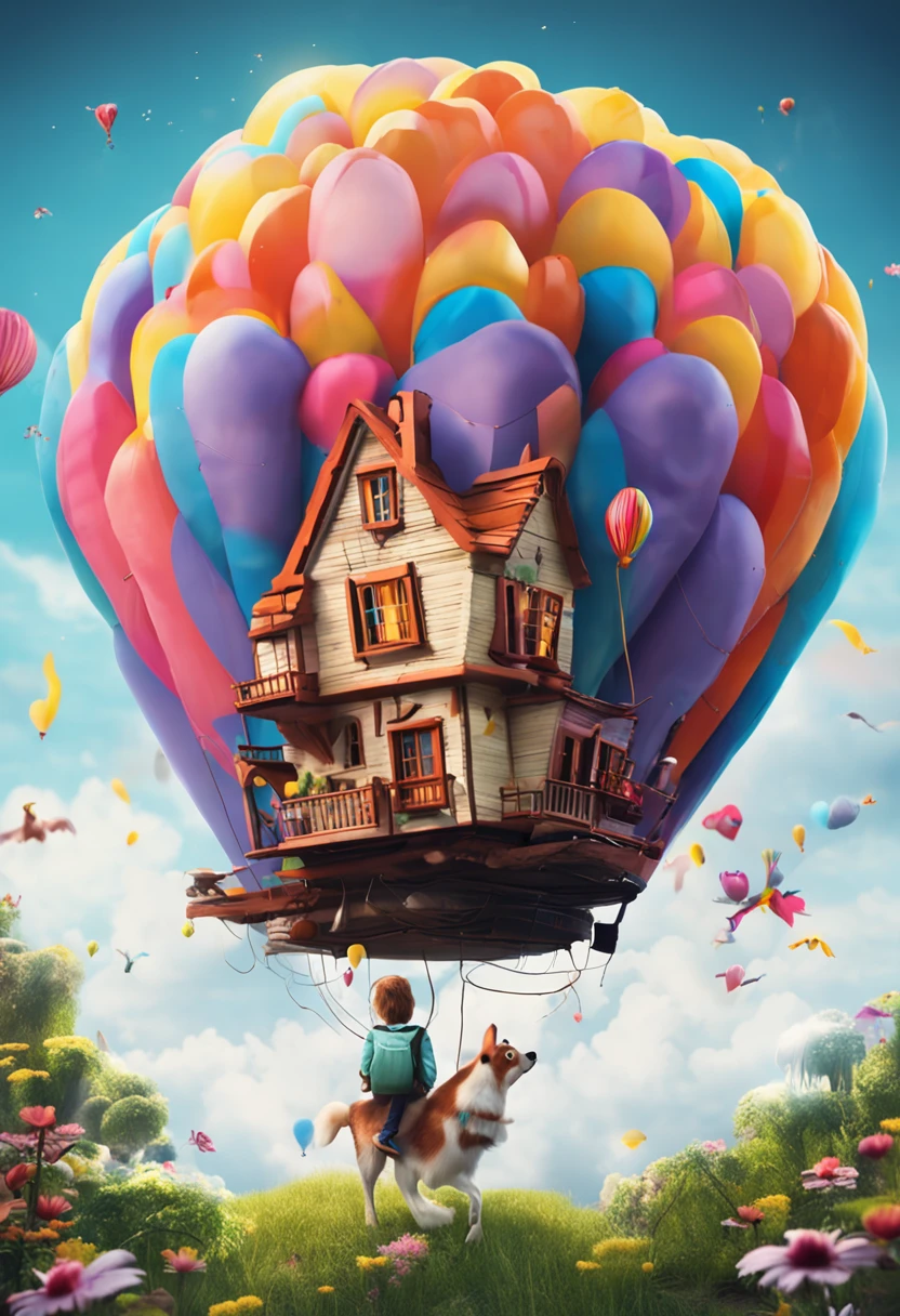 The big white bird carries a small house and flies in the air,The small house is covered with balloons,At the window of the small house, a child leans out and looks out,Howl's moving castle style,extremely colorful,Bright shades