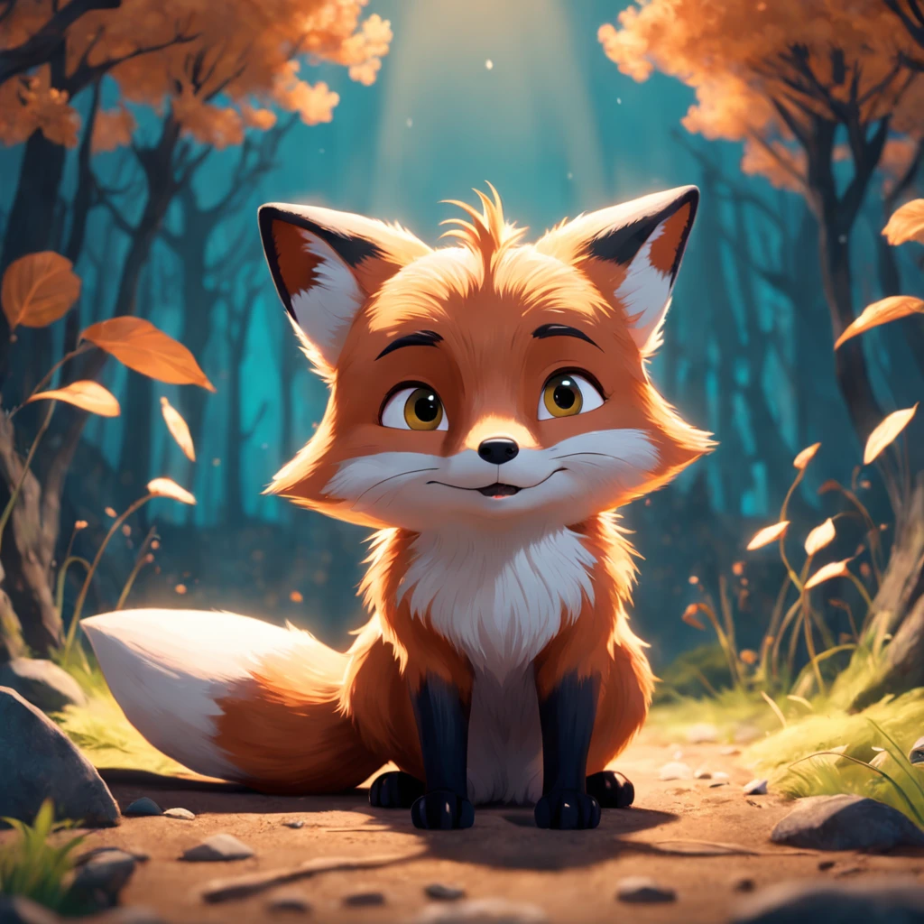 Adorable fox in Pixar movie style, usando um capuz, cinematic lighthing, Depth detection, hiper detalhada, qualidade 8k.