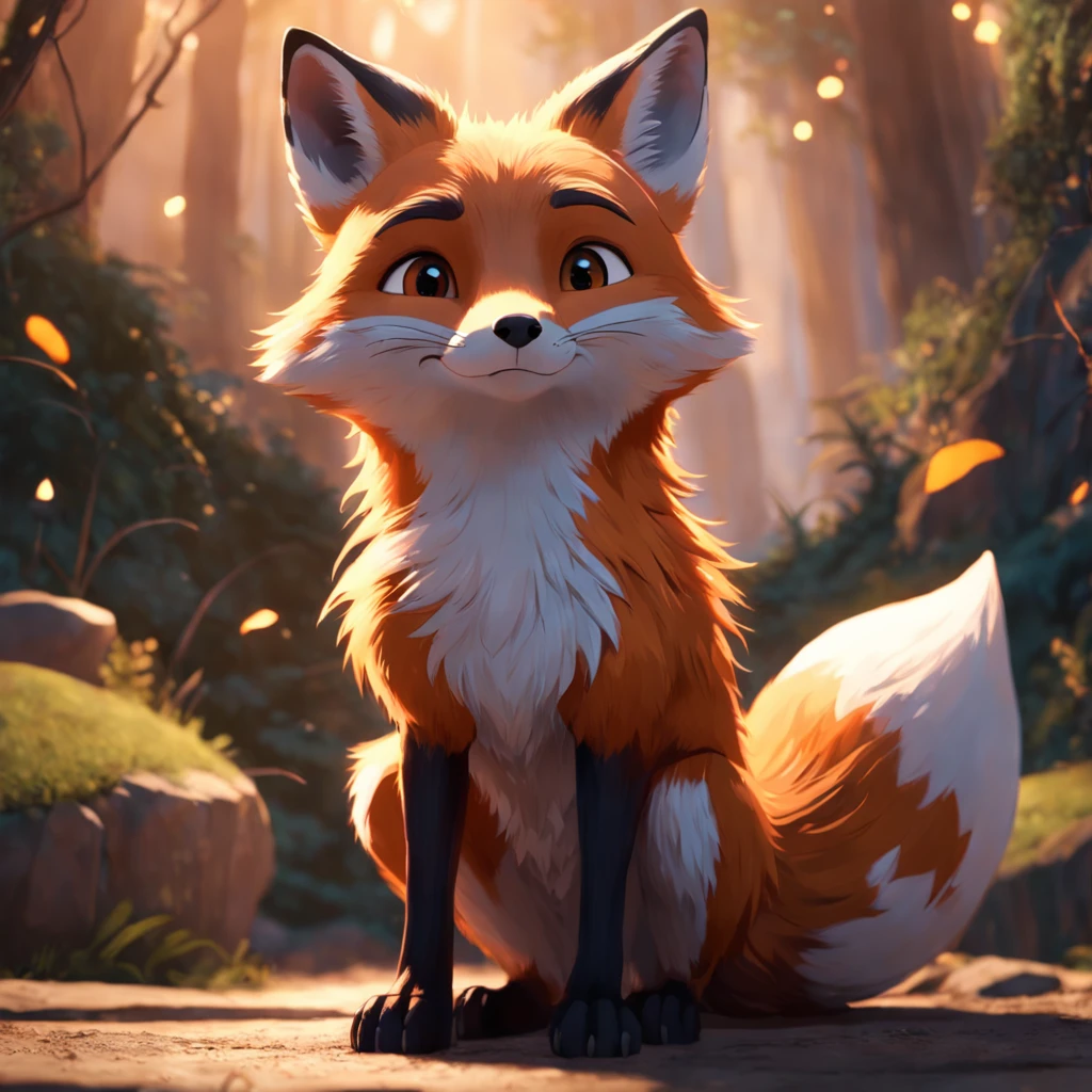 Adorable fox in Pixar movie style, usando um capuz, cinematic lighthing, Depth detection, hiper detalhada, qualidade 8k.