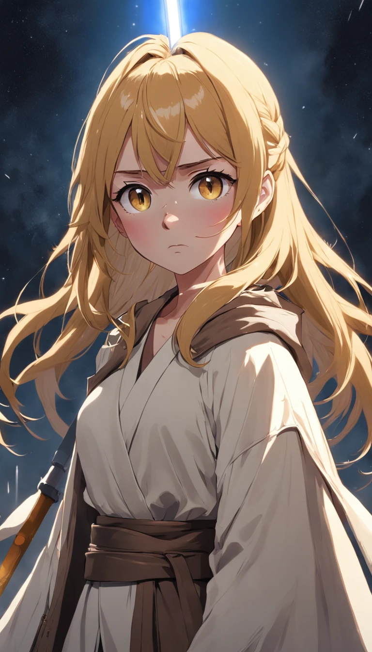 golden hair girl sad face Then she was a jedi master.
White shirt, brown coat, she held a light saber in her hand.