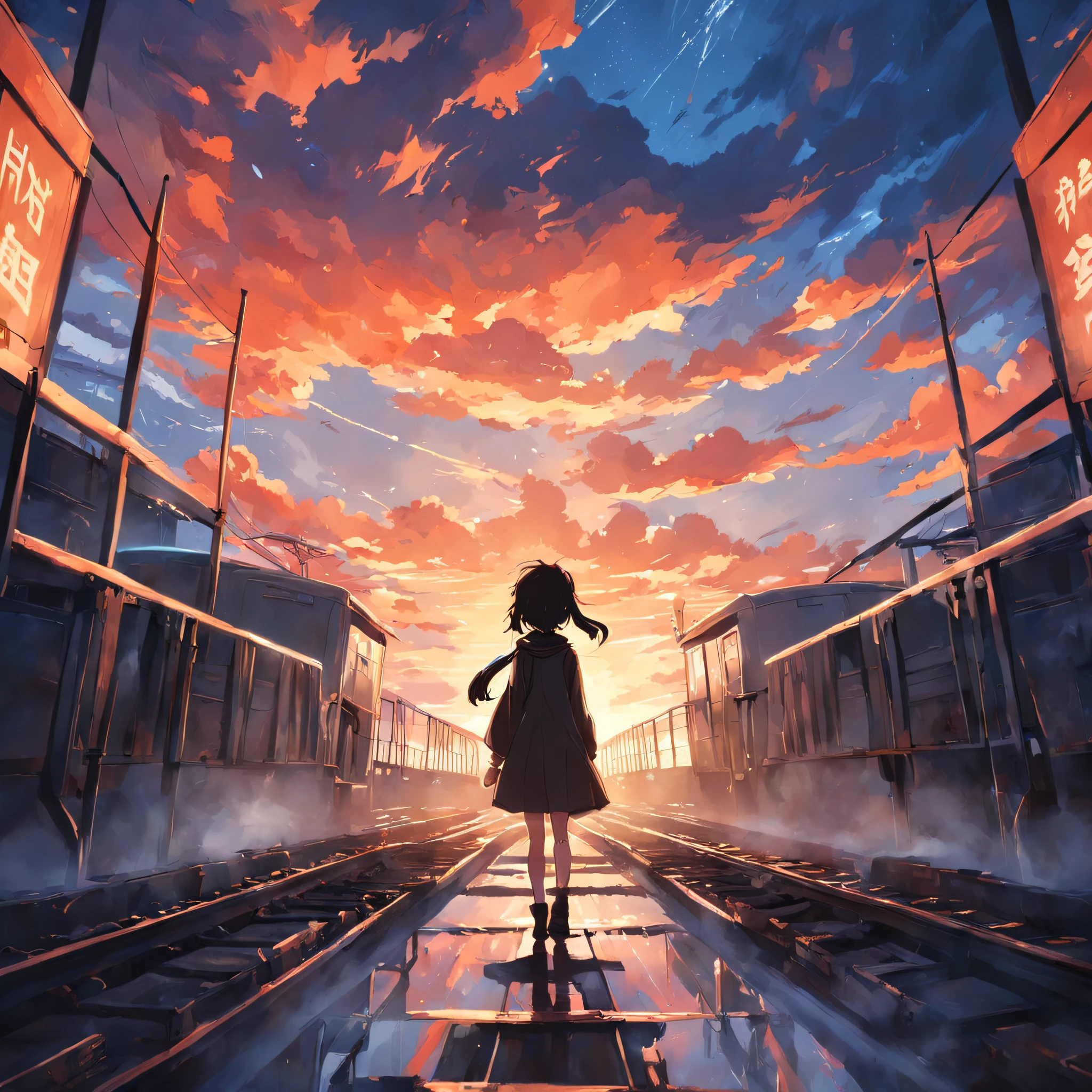 tmasterpiece,best qualtiy,cinematic Film still from,trains,clouds,Floating in the sky,Close-up view,brightly,cheerfulness,Warm and soft lighting,the sunset,(spark of light:0.7)