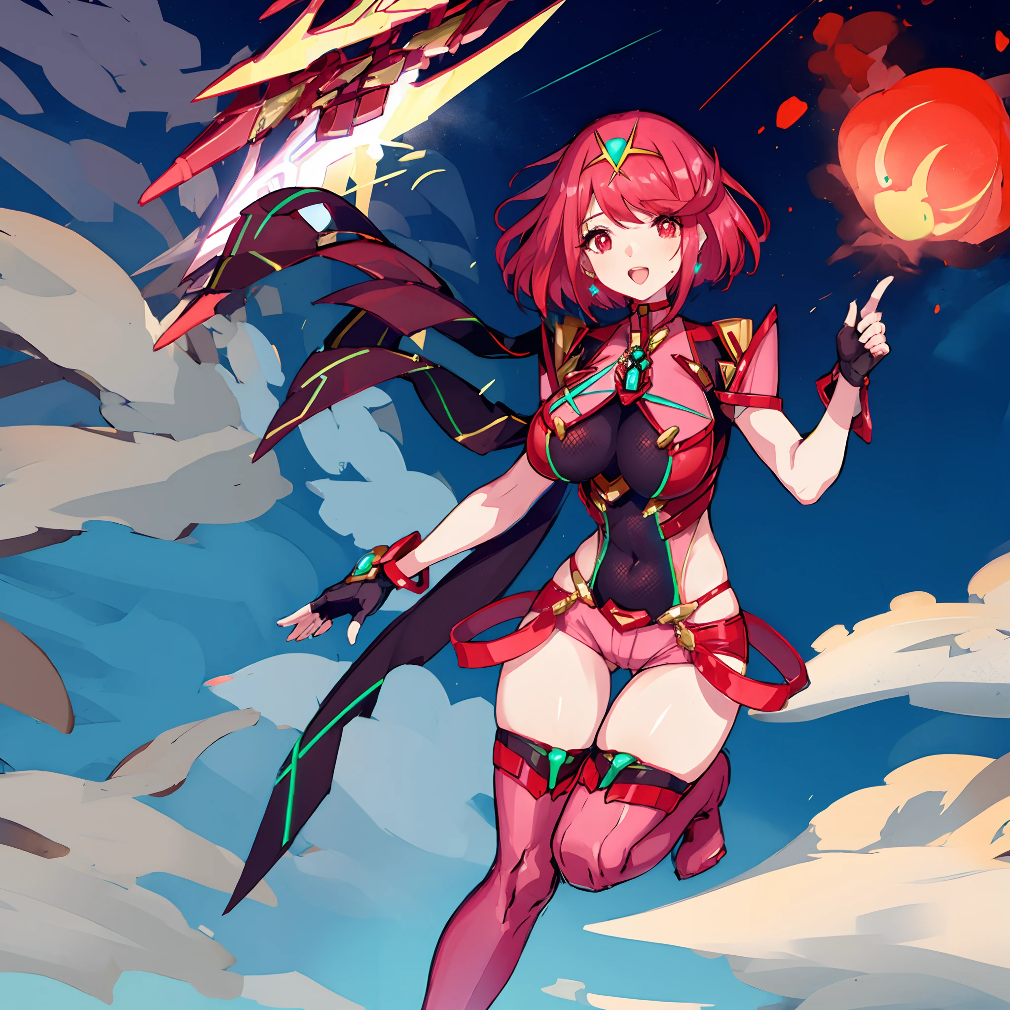 pyra \(xenoblade\), teen_1girl, , armor, bangs, black gloves, breasts, red eyes, closed mouth, earrings, eyelashes, fingerless gloves, floating hair, framed breasts, gem, gloves, hair ornament, headpiece, jewelry, big_breasts, leaning back, leotard, neon trim, official art, pose, red hair, red shorts, saitou masatsugu, short hair, short shorts, short sleeves, shorts, sidelocks, skin tight, solo, standing, swept bangs, thighhighs, tiara, night_prairie_background, turtleneck, underbust, vambraces, xenoblade chronicles \(series\), (xenoblade chronicles 2), apart_legs, fire_effect,dynamic_pose,fighting,light_smile, (plump:1.1), big_ass,huge_sword, hold_large_sword_hilt, solo, covered_nipples, covered_pussy,open_mouth,back_view, fists,