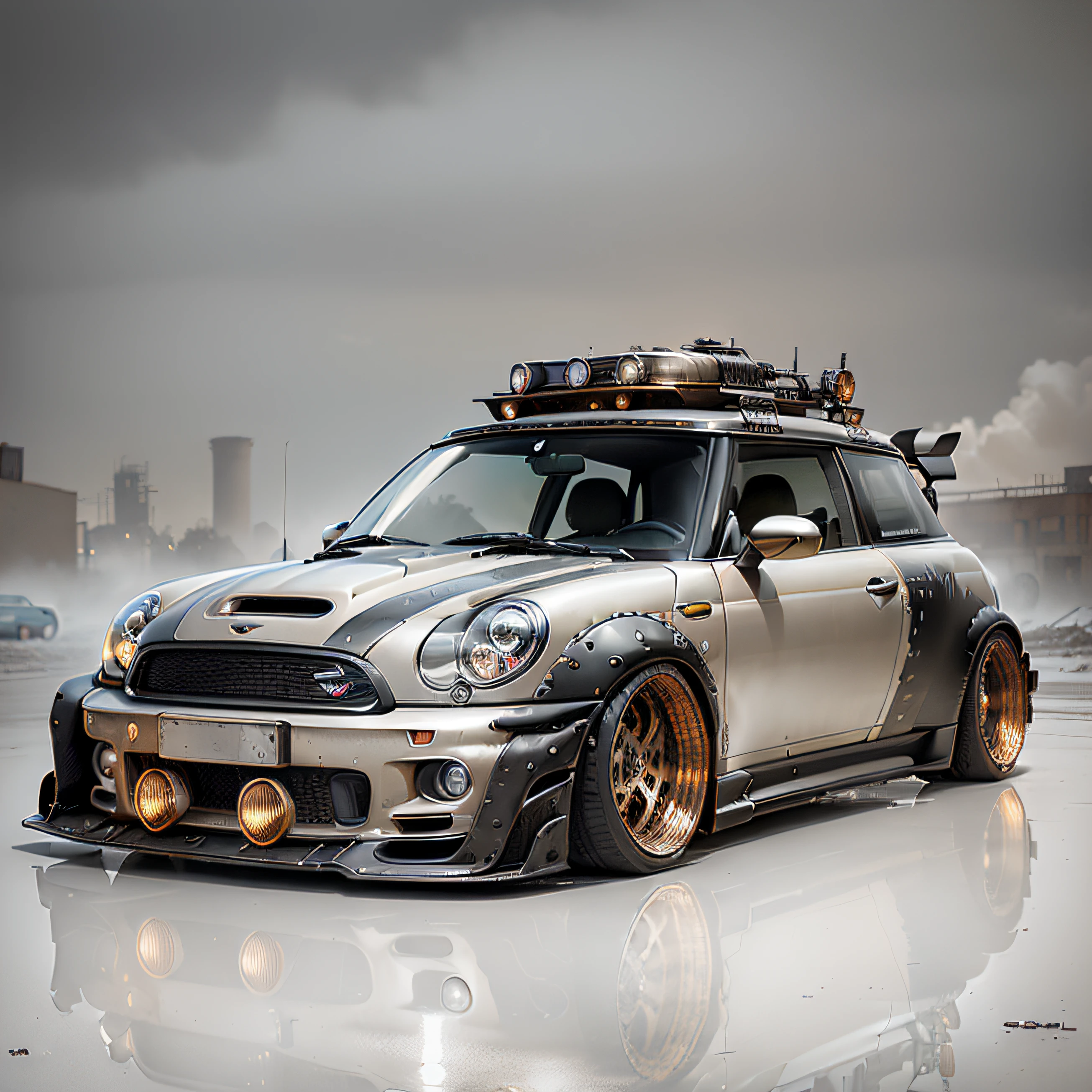 Generate an ultra-high definition 8k image capturing a view of dark grey Mini Cooper S. remove yellow door mirror, wide body kit. aero bodykit. epic stance, gold mag wheels. aggressive stance ((background: inside old industrial style building, large windows in background. background in a captivating steampunk theme. Utilize advanced wide-angle photography to encompass both the commanding presence of the car and the mesmerizing embellishments. Position the camera strategically to emphasize the car's powerful stance, utilizing a mid angle to accentuate its dynamic lines and curves. Implement soft, diffused lighting to bring out the steampunk details, casting dramatic shadows that enhance the texture and depth of the metalwork. Experiment with depth of field techniques, employing a moderately wide aperture to ensure the car remains the central focus background elements to be sharply defined, creating a harmonious visual balance. Enhance the color palette to evoke the rich and warm tones synonymous with steampunk aesthetics, infusing a sense of antiquated charm into the image. Employ advanced lighting techniques to highlight the intricate gears, cogs, and pipes that adorn the car, emphasizing the fusion of classic and futuristic elements. Capture the image against an industrial backdrop or within a setting reminiscent of a steampunk world, adding an immersive layer of narrative to the scene. Implement post-processing adjustments to enhance clarity, contrast, and color saturation, ensuring every detail, from the muscle car's gleaming surface to the mesmerizing intricacies of the steampunk embellishments, is rendered with breathtaking precision. Ultimately, create an image that transports viewers into a captivating steampunk realm,