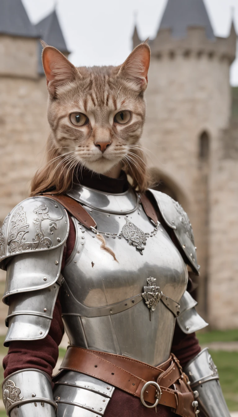 close-up, woman ((anthropomorphic,anthropomorphy, cat head, standing, knight, near a castle)), looking at viewer, wearing (cuirass, gorget, pauldron, couter, vambrace, gauntlets, cuisses, greaves, sabatons, poleyn, tasses, plackard, rerebrace, breastplace, faulds, scabbard, gardbrace, shoulder armor), HDR