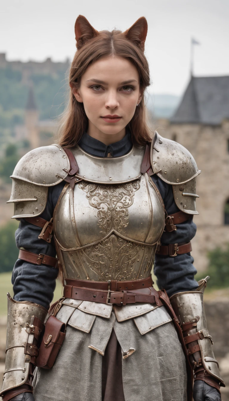 close-up, woman ((anthropomorphic,anthropomorphy, cat head, standing, knight, near a castle)), looking at viewer, wearing (cuirass, gorget, pauldron, couter, vambrace, gauntlets, cuisses, greaves, sabatons, poleyn, tasses, plackard, rerebrace, breastplace, faulds, scabbard, gardbrace, shoulder armor), HDR