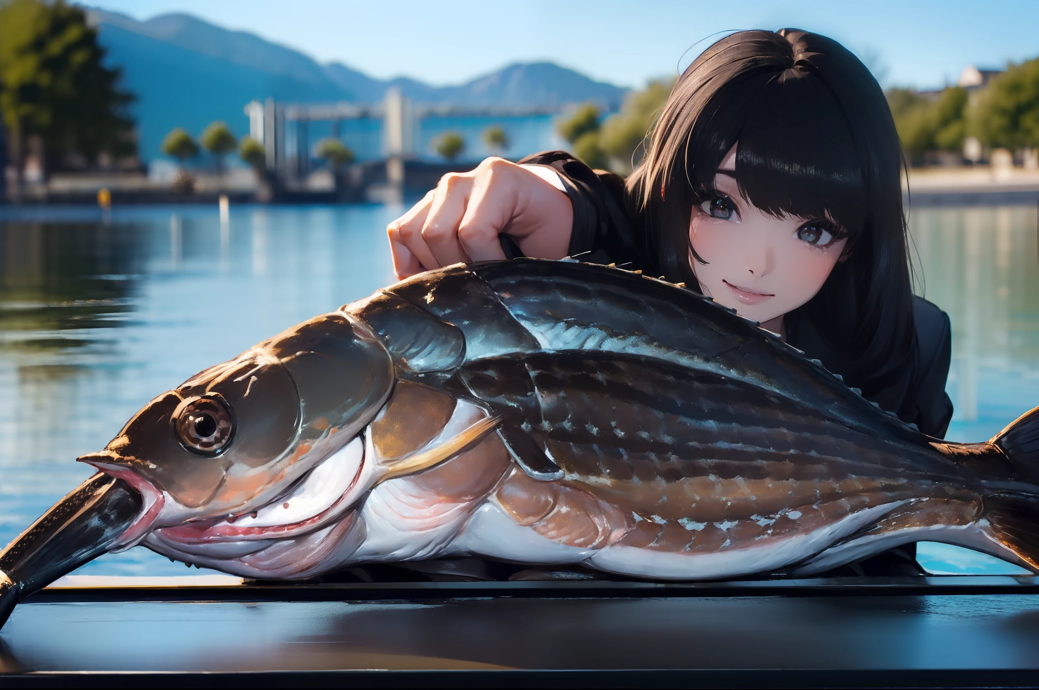 ((((Catch a big black bass by the lakeside:1.5)))),((1 Female 22 years old))((Best Quality, masterpiece :1.5)),(((Hands with the correct number and structure of fingers:1.4))),hight resolution,ultra-detailliert,​masterpiece,best qualtiy,,Black hair, long eyeslashes, Solid Circle Eyes, Smiling Woman, drop shadow, Atmospheric perspective,Super Detail, ccurate, small brest,(Black jacket :1.1),top-quality, blurry backround, bokeh dof:1.2, (​masterpiece:1.3),  Atmospheric perspective,Super Detail,dynamic compositions