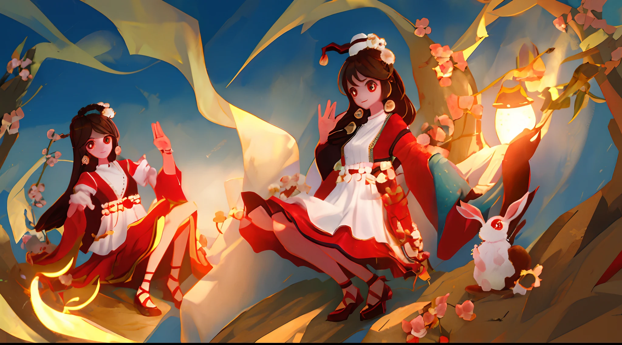 Master picture quality，High quality human body，Arcane style，1girl，Brown hair long，red pupils，Sugar gourd in hand，At his feet squatted a rabbit，Peach blossom tree