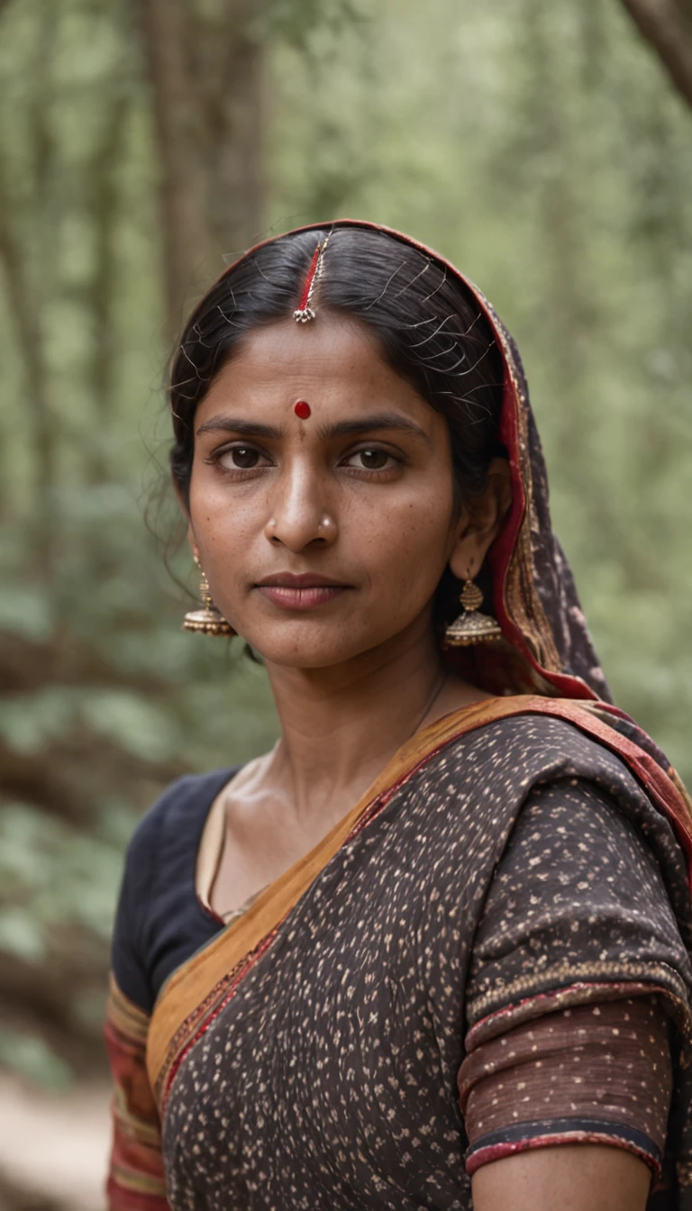portrait of an indian village woman in forest in Himachal pradesh, clear facial features, Cinematic, 35mm lens, f/1.8, accent lighting, global illumination --uplight --v 4