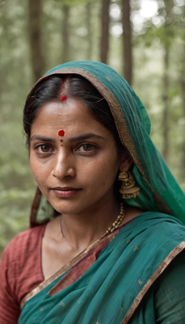 portrait of an indian village woman in forest in Himachal pradesh, clear facial features, Cinematic, 35mm lens, f/1.8, accent lighting, global illumination --uplight --v 4