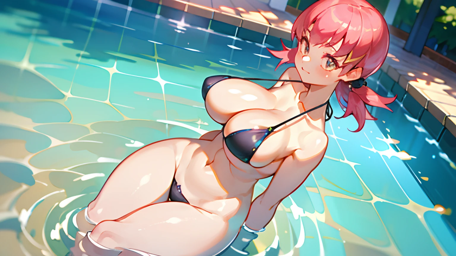 Erie detailed CG, Caustics, Cinematic lighting, Detailed, Beautiful detailed eyes, NSFW:1.8, Solo、Oily skin、cleavage、8 ********), 超高分辨率, Fine skin, (Cute: 1.2, Colorful miniature bikini), (Strong light),Stand-alone swimsuit、Outdoors、Vivid、Pool in the evening、鎖骨、Crossed legs、Pink hair,((thick outline、black outlines、Illuminate the subject))，huge tit