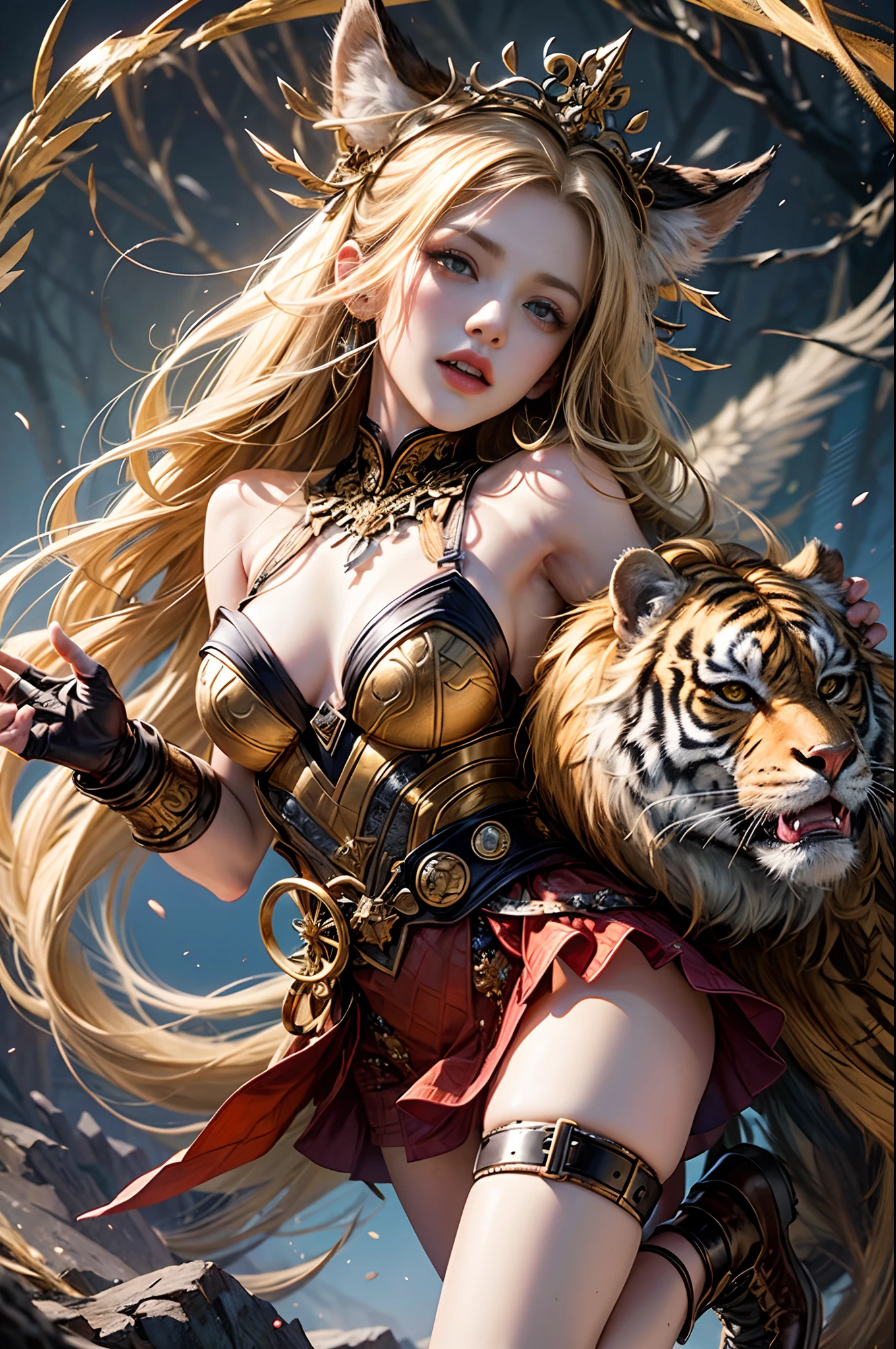 (tmasterpiece,best qualtiy,realisticlying:1.37),(Complex and sophisticated,Highly detailed skin and face),((Best quality))), (((Masterpiece))), (((The background is the dark forest))),ultra fine photos, whole body picture,Unreal Engine 5 8K UHD, ,The powerful beauty Monkey King,((Fierce monkey face)), Sexy bikini metal armor,Holding a black thick-headed stick,Round eyes,Full of hair,Lei Gongzui,The face wins thin,Sharp mouth with shrunken cheeks,The body is like a lake grandson who eats pinecones,The whole body is covered with short hairs。A piece of tiger skin wrapped around the waist,Yellow-haired blonde hoop,Golden Eye Fire Eye;Wear brocade inner six,Tiger leather skirt at the waist;Holding a golden hoop rod in his hand,Step on a pair of eagleskin boots,Hairy face thunder mouth,Star of Shobis,Char has a broad frontal skull,Fangs outward,, Unified 8k wallpaper, ultra - detailed, Sharp focus, (by Artist Anna Dittman:1), (((Masterpiece))), (((Best quality))), ((Ultra-detailed)),(Detailed light),((An extremely delicate and beautiful)), Hmong,garments、head gear、耳Nipple Ring,with a pure white background,Cut out the soft lighting of the movie,8k wallpaper,Solidarity,art stations,High resolution CG