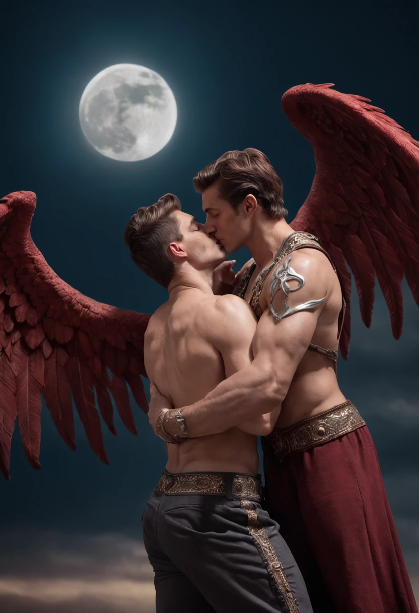 there are two men that are kissing in front of a moon, cinematic film still, shutterstock, film grain, ultra-photorealistic, eros and thanatos, muscular men romantically together, two muscular men embracing in each other arms, muscular male incubus with dark red horns, celestial god-like male angel with breathtaking angel wings, beautiful contrasting, intricate details, good and evil, demon versus angel, good and evil, romance novel cover, homoerotic, gay love, dark romantic fantasy, twilight atmospheric glow