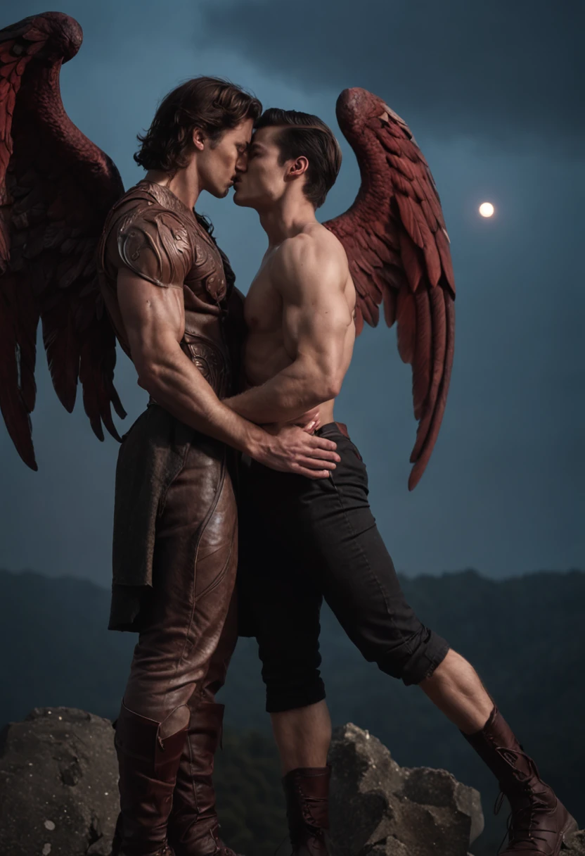 there are two men that are kissing in front of a moon, cinematic film still, shutterstock, film grain, ultra-photorealistic, eros and thanatos, muscular men romantically together, two muscular men embracing in each other arms, muscular male incubus with dark red horns, celestial god-like male angel with breathtaking angel wings, beautiful contrasting, intricate details, good and evil, demon versus angel, good and evil, romance novel cover, homoerotic, gay love, dark romantic fantasy, twilight atmospheric glow