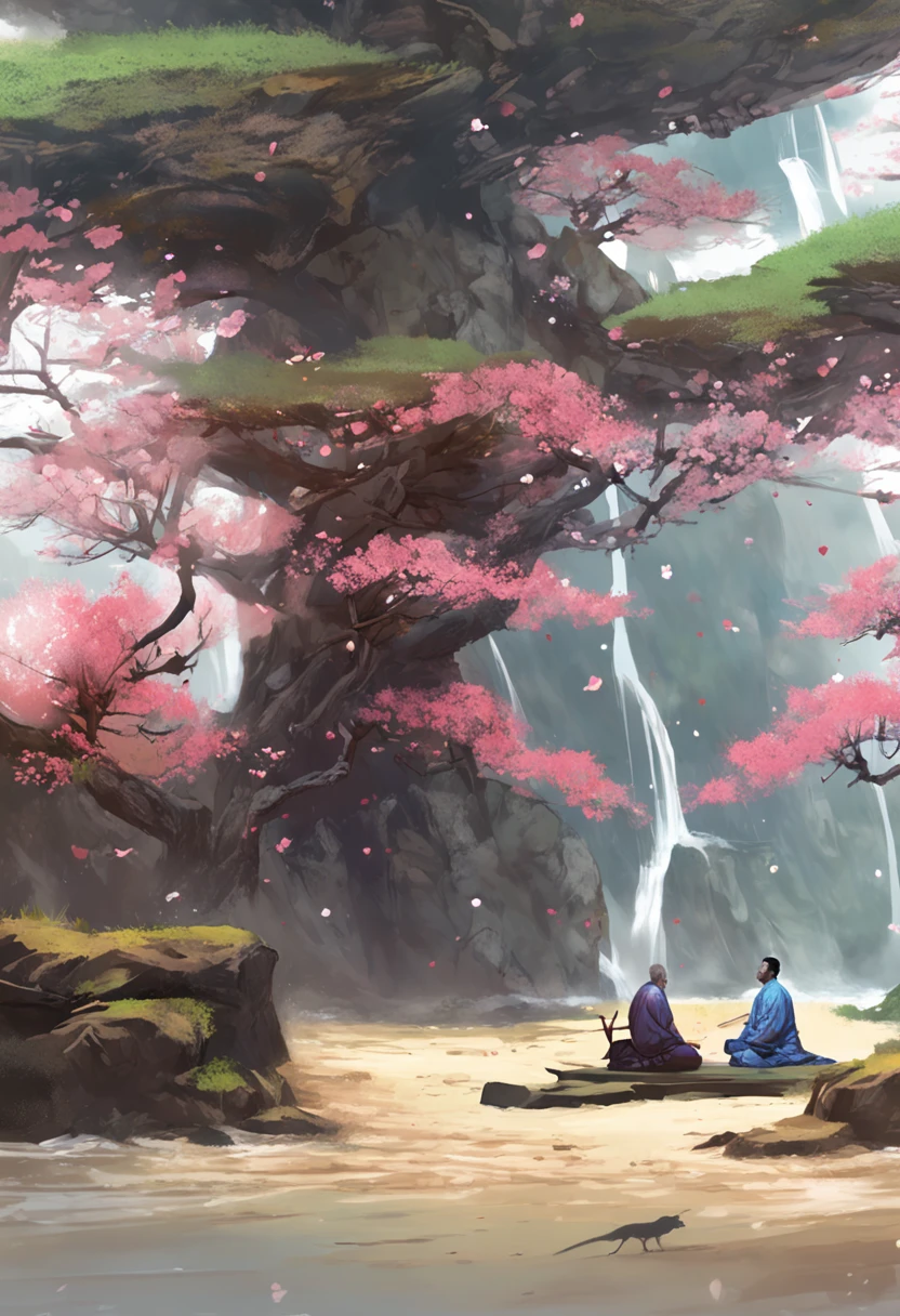 There is a man and a wise old monk sitting on the ground next to the cherry blossom., Ross Tran e Michael Whelan, Edgar Maxence e Ross Tran, wlop e ross tran, Ross Tran e Bayard Wu, James Gurney e Andreas Rocha, rob rey and kentarõ miura, Art not Guweiz style, arte do jogo de RPG